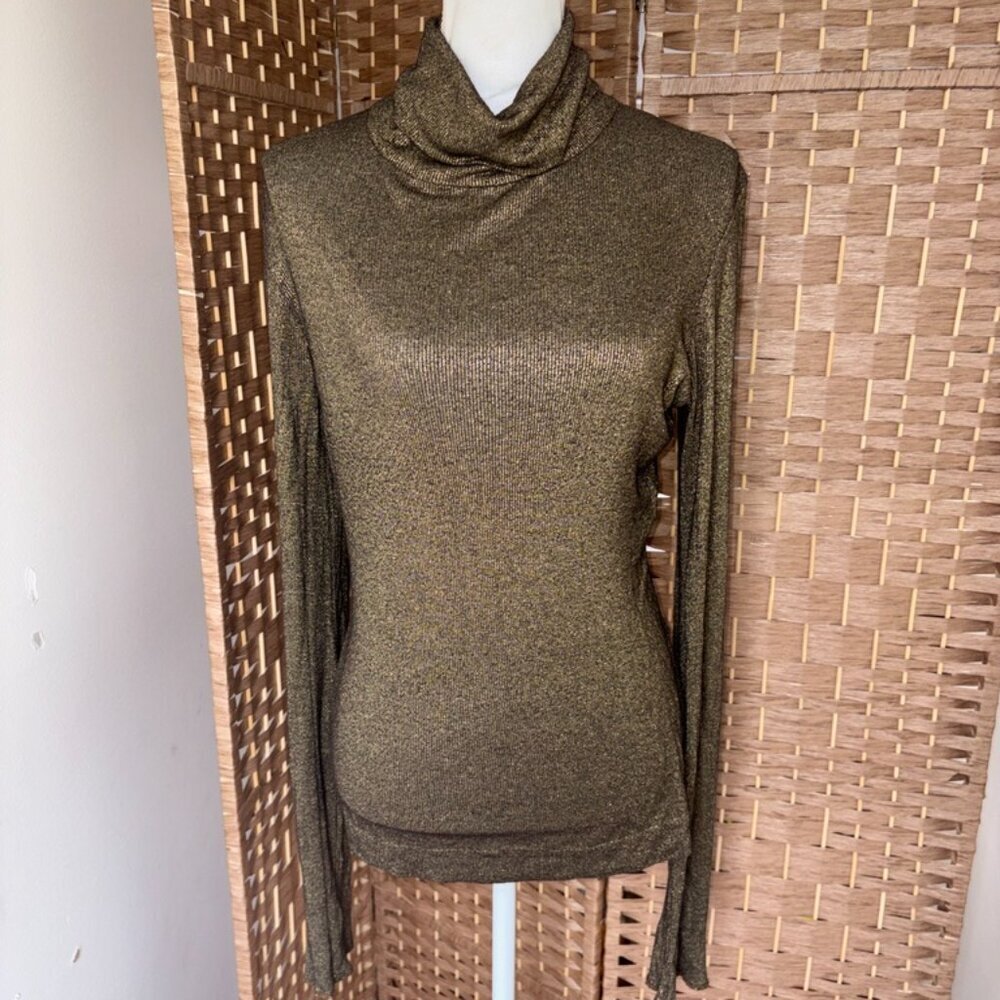 DVF Diane Von Furstenberg Gold Shimmer Turtleneck Blouse 90s Y2K Classic Large
